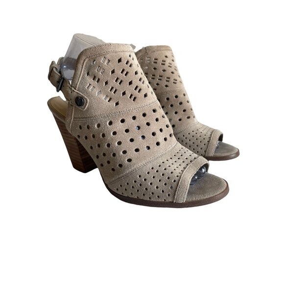 Marc Fisher Taupe Perforated Suede Peep-toe Casha Block Heel Bootie Size 8M - Picture 2 of 5